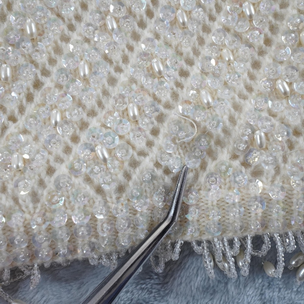Vintage Hand Beaded Tank Womens 38 M Ivory Sequin Fringe Lambswool Camisole Top - Picture 9 of 13